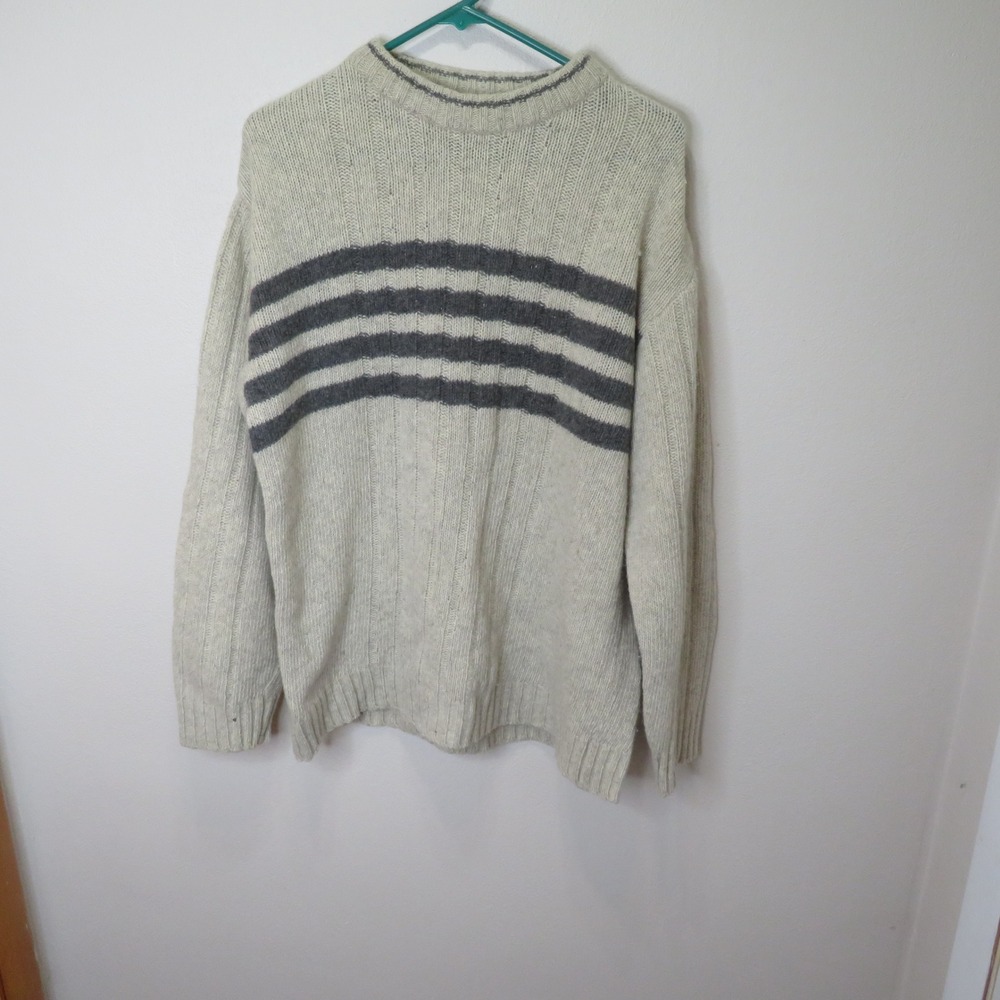 Steve & Barrys Mens XXL Wool Blend Striped Crew Neck Sweater Oatmeal Grey